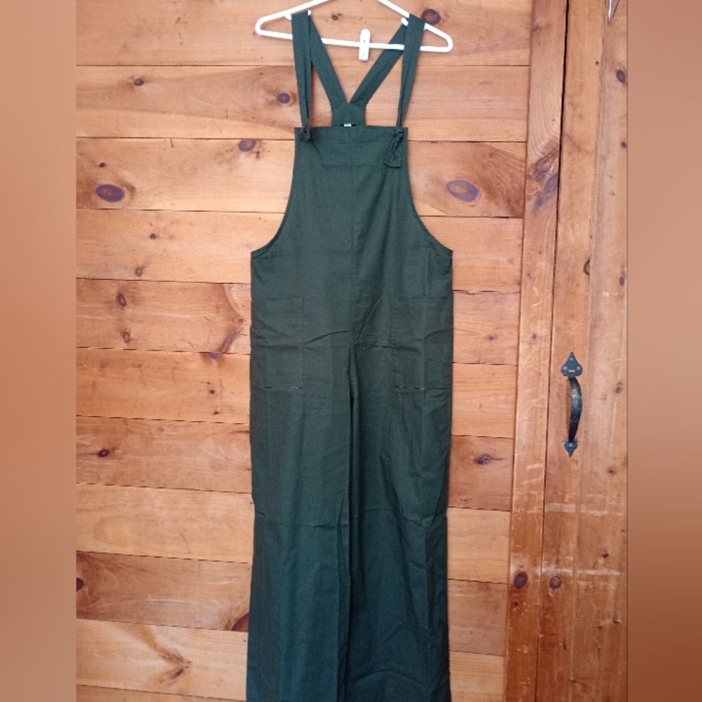 New Dark Olive Knotted Wide Leg Stretch Cotton Overall Jumpsuit - Picture 2 of 11